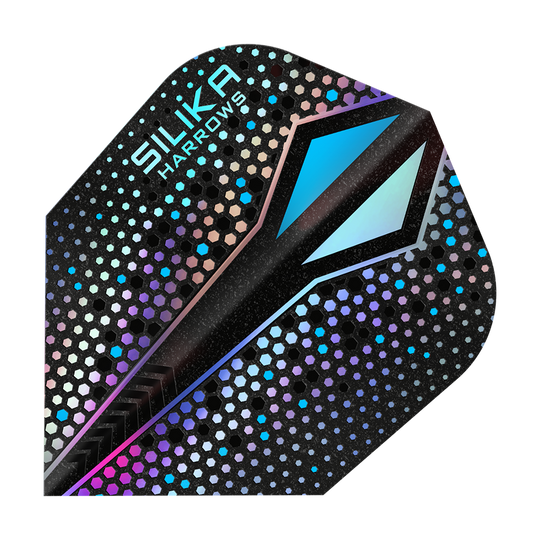 Harrows Silika Colourshift Rivestimento cristallino resistente Alette Silver-X No6 Das Bild zeigt ein Dart-Flight mit dem Namen "Harrows Silika Colourshift Tough Crystalline Coating Silver-X No6". Das Flight hat ein glänzendes, sechseckiges Muster mit schimmernden Farben und einem markanten blauen Designelement.