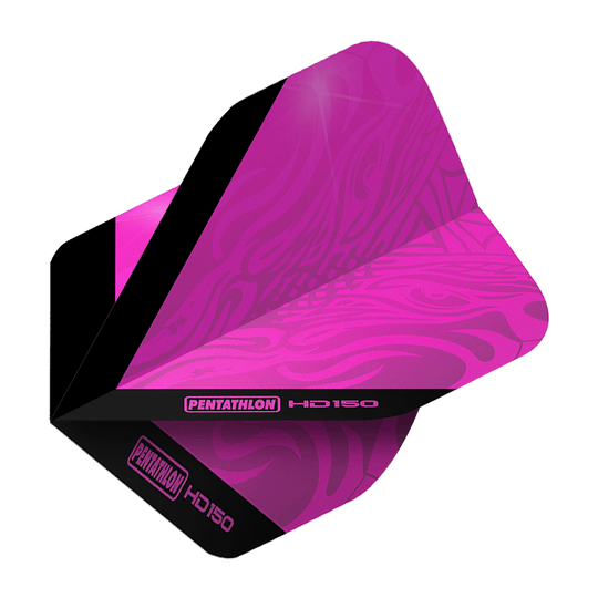 Voli standard Pentathlon HD150 rosa metallizzato Das Bild zeigt das Produkt "Pentathlon HD150 Metallic Pink Standard Flights". Es handelt sich um ein Dart-Flight in metallischem Pink mit schwarzen Akzenten und Markenaufdruck.