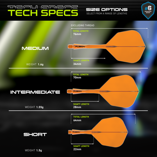 Sistema di alberi di volo a fusione Winmau n. 6 arancione neon Hier ist das Winmau Fusion Flight-Shaft-System No6 in Neon Orange dargestellt. Das Produkt vereint Flight und Schaft für erhöhte Stabilität im Dartspiel.