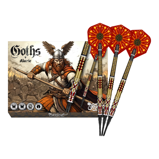 Freccette morbide Shot Goths Alaric - 20 g Abgebildet sind die Shot Goths Alaric Softdarts - 20g in voller Ansicht. Die gesamte Länge der Darts ist deutlich erkennbar.