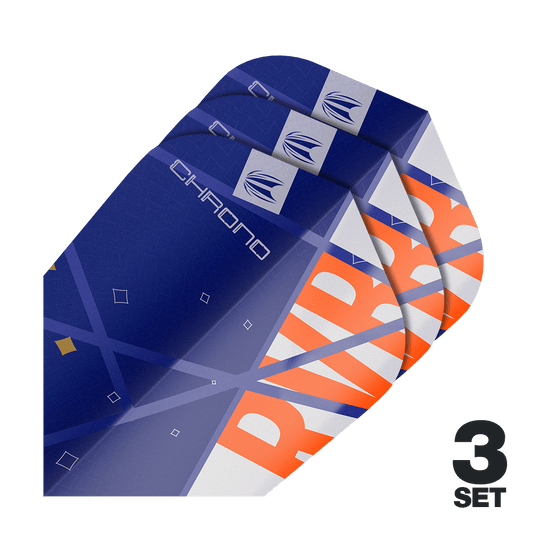 Target Pro Ultra Raymond Van Barneveld Chrono Ten-X Standard Flights - 3 set Auf dem Bild sind drei Sätze von Target Pro Ultra Raymond Van Barneveld Chrono Ten-X Standard Flights zu sehen. Die Flights sind überwiegend blau mit orangefarbenen und weißen Akzenten gestaltet.