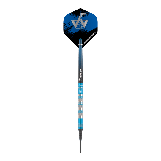 Das Bild zeigt einen Bulls Jermaine Wattimena Generation 3 Softdart mit 20g Gewicht. Der Dartpfeil hat ein auffälliges blau-silbernes Design und ein schwarzes Flight mit silbernem Logo.