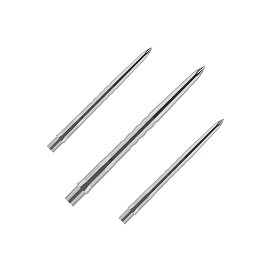Punte per freccette Mission Caliburn EVO - Scanalate - Argento Das Bild zeigt drei silberne, gerillte Spitzen für Steeldarts. Sie sind schlank und spitz zulaufend, nebeneinander angeordnet.