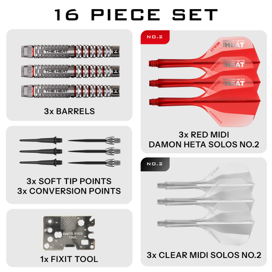 Harrows Damon Heta Geo Softdarts mit 18g sind zu sehen. Die Darts sind schlank und detailliert gestaltet.