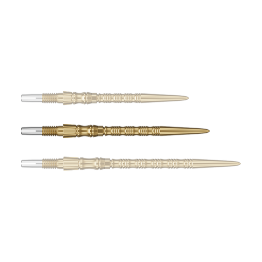 Ein einzelner Target SwissPoint Signature TRB Dartspitze in Gold mit 35mm Länge wird präsentiert. Das Produkt ist klar zu erkennen.