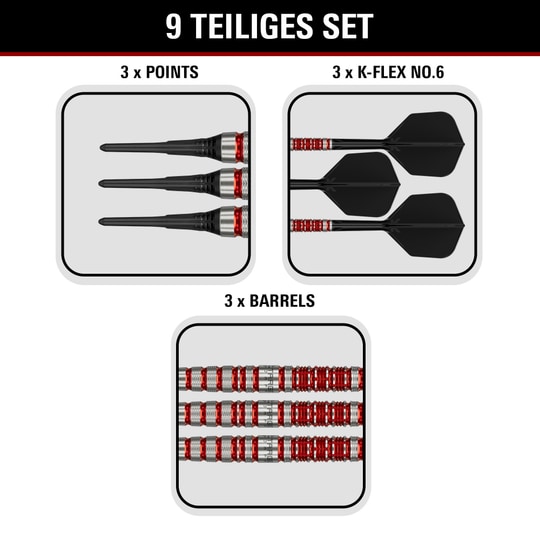 Freccette morbide Target Black Marque Spinel - 21,5 g Abgebildet sind Target Black Marque Spinel Softdarts mit einem Gewicht von 21,5g. Sie zeichnen sich durch eine edle Optik und hohe Qualität aus.