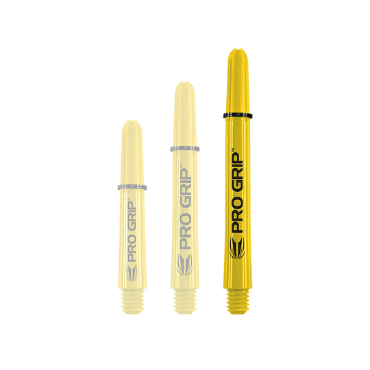 Target Pro Grip Shafts - 3 set - Giallo Auf dem Bild sind drei gelbe Pro Grip Shafts in unterschiedlichen Längen zu sehen. Sie stehen nebeneinander und tragen die Aufschrift "PRO GRIP".
