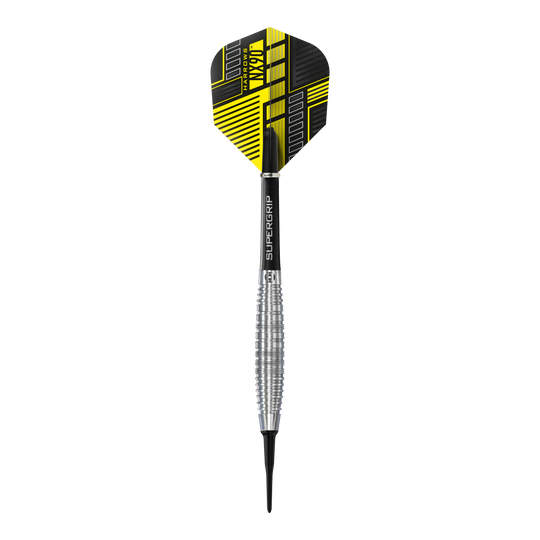 Freccette morbide Harrows NX90 Bomb Das Bild zeigt einen Harrows NX90 Bomb Softdart mit einem silbernen, geriffelten Barrel. Die Flight-Feder ist schwarz und gelb gemustert und trägt den Produktnamen.