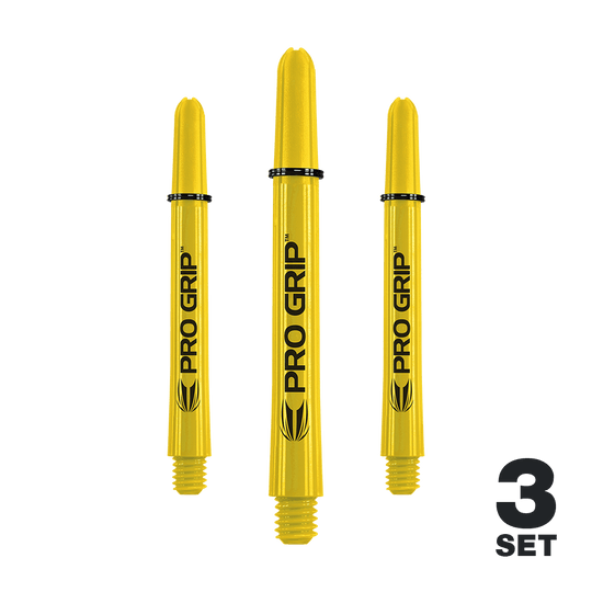 Target Pro Grip Shafts - 3 set - Giallo Auf dem Bild sind drei gelbe Pro Grip Dartschäfte zu sehen. In der rechten unteren Ecke steht „3 Set“.