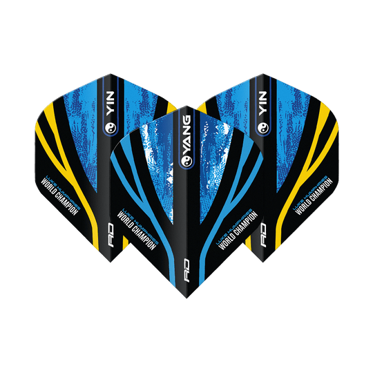 Red Dragon Luke Humphries Campione del mondo Blue Gold Yin Yang Voli standard Das Bild zeigt drei Dart-Flights mit dem Design "Red Dragon Luke Humphries World Champion Blue Gold Yin Yang Standard Flights". Die Flights sind in Blau, Schwarz und Gold gehalten und tragen die Aufschrift "World Champion".