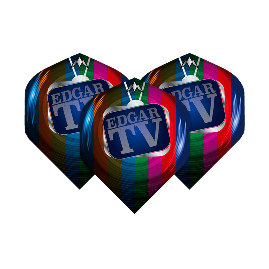 Missione Solo Matt Edgar No2 Voli Standard Das Bild zeigt drei bunte Dart-Flights mit dem Aufdruck "EDGAR TV" auf einem Fernsehbildschirm. Die Flights sind Teil des Produkts "Mission Solo Matt Edgar No2 Standard Flights".