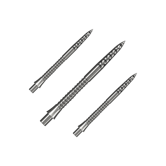 Punte per freccette Mission Caliburn EVO con logo GV - argento Ein Set silberner Steeldartspitzen ist abgebildet. Die Spitzen sind vermutlich 32 mm lang.