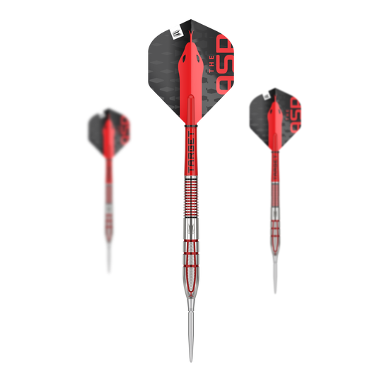 Freccette in acciaio Target Nathan Aspinall GEN2 Swiss Point Das Bild zeigt drei hochwertige Steeldarts mit silbernen und roten Akzenten. Die Flights sind schwarz und rot gestaltet und tragen die Aufschrift "THE ASP."