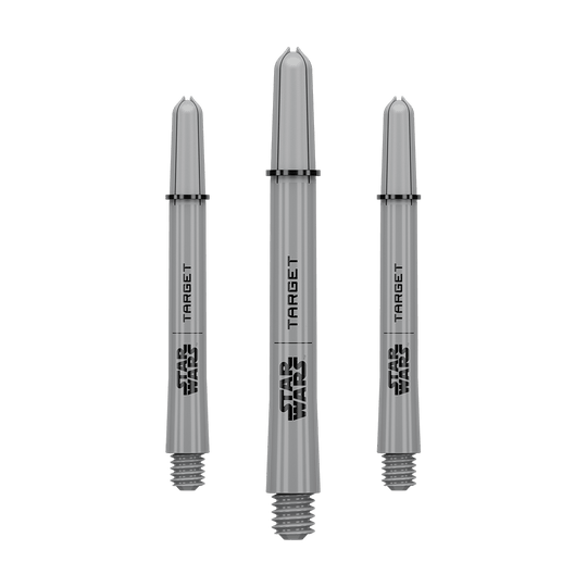 Aste Target Star Wars ProGrip - Grigio Das Bild zeigt ein Dart-Zubehör mit dem Dateinamen 380432_Target_StarWars_ProGrip_Shafts_Grau_Medium_48mm_1Set. Es handelt sich vermutlich um einen grauen Medium ProGrip Shaft von Star Wars mit 48mm Länge als Set.