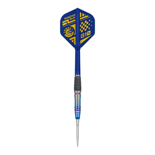 Freccette in acciaio Target Japan Rising Sun GEN10 Swiss Point Dies ist ein Bild der Target Japan Rising Sun GEN10 Swiss Point Steeldarts. Drei silberne Darts mit blauen Highlights sind zu sehen.