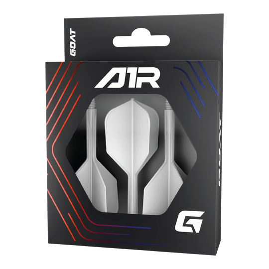 Sistema di alberi di volo GOAT A1R No6 - Bianco Die Abbildung zeigt das Produkt „GOAT A1R No6 Flight-Shaft-System - Weiß“ in einer schwarzen Verpackung mit Sichtfenster. In der Verpackung sind drei weiße Dart-Flights mit Schäften zu sehen.