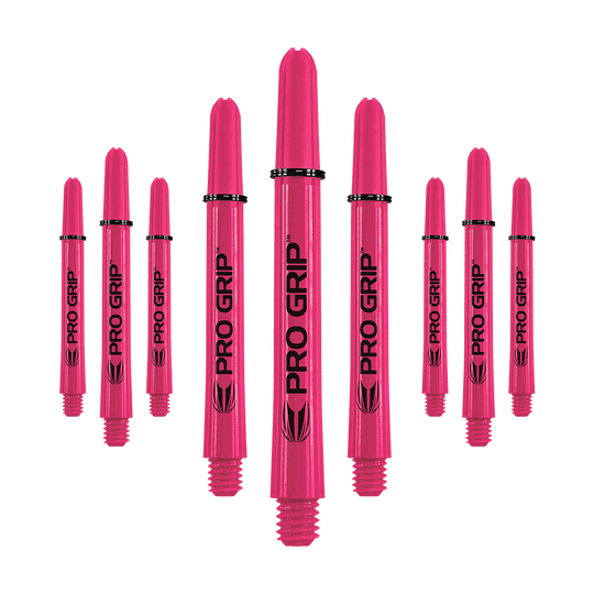 Target Pro Grip Shafts - 3 set - Rosa Auf dem Bild sind neun pinke Pro Grip Shafts zu sehen, die für Dartpfeile verwendet werden. Sie sind gleichmäßig angeordnet und tragen den Schriftzug "PRO GRIP" in schwarzer Farbe.