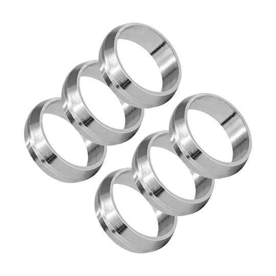 HR441_Harrows_Pyramid_Shaftringe_Silber_1 Das Bild zeigt sechs silberne Ringe des Produkts „Harrows Pyramid Shaftringe“. Die Ringe sind aus Metall und werden für Dartpfeile verwendet.