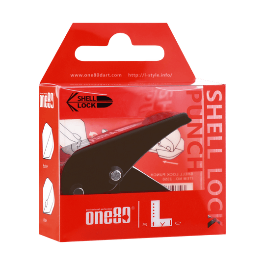 Punzone di volo per blocco guscio One80 in stile L Das Bild zeigt die Verpackung des Produkts "L-Style One80 Shell Lock Punch Flightlocher". In der Packung befindet sich ein schwarzer Lochstanzer für Dart-Flights.