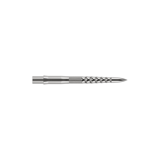 Punte per freccette Mission Caliburn EVO - Ripple - Argento Auf dem Bild ist eine silberne Steeldartspitze mit feinen Rillen und einem speziellen Riffel-Design zu sehen. Sie ist lang und schmal und wirkt sehr präzise verarbeitet.