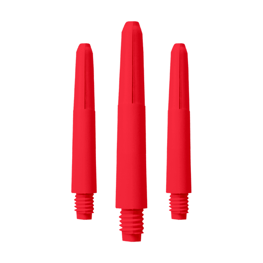 Das Bild zeigt drei rote Nylon-Schäfte mit Gewinde. Sie sind als Zubehör für Darts geeignet.