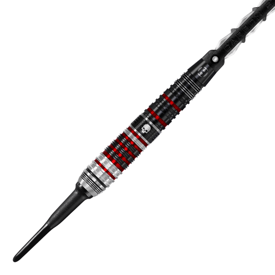 Freccette morbide Ryan Searle Heavy Metal Series 2 di Harrow Das Bild zeigt einen Harrows Ryan Searle Heavy Metal Series 2 Softdart. Der Dartpfeil ist schwarz, silber und rot mit einem Totenkopf-Design auf dem Griff.