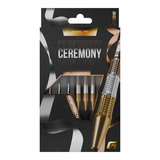 Freccette in acciaio al tungsteno GOAT Ceremony Die Abbildung zeigt eine Packung „GOAT Ceremony Tungsten Steeldarts“. Die Verpackung hebt die Eigenschaften wie 90% Tungsten und Grip-Tech besonders hervor.