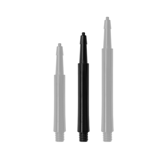 HRC12626_Harrows_Clic_Standard_Shafts_Schwarz_30mm_1CuW7VeyIAahRT Das Bild zeigt drei schwarze Harrows Clic Standard Shafts in verschiedenen Längen. Die Shafts sind für Dartpfeile geeignet.