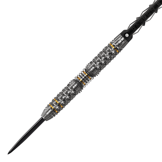 Freccette d'acciaio Harrows Opus Das Bild zeigt einen Harrows Opus Steeldart. Der Dartpfeil hat ein silbernes, strukturiertes Design mit goldenen Akzenten.