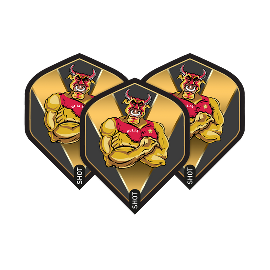 Colpo di Michael Smith Bully Boy Gold Standard Flights Das Bild zeigt drei Dart-Flights mit einem muskulösen, roten Stier auf goldenem Hintergrund. Auf den Flights steht der Name „Bully Boy“ und unten das Wort „Shot“.