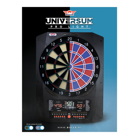 Bersaglio elettronico Bulls NL Universum Pro Light - Blu Rosso Hier sieht man das Bulls NL Universum Pro Light Elektronisches Dartboard in den Farben Blau und Rot. Dieses Dartboard bietet viele Spieloptionen.