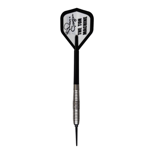 Auf dem Bild ist ein McKicks Alam Glazier Shark Machine Softdart zu sehen. Der Dartpfeil hat eine silberne Metallspitze und einen Flight mit der Aufschrift "THE TON MACHINE".