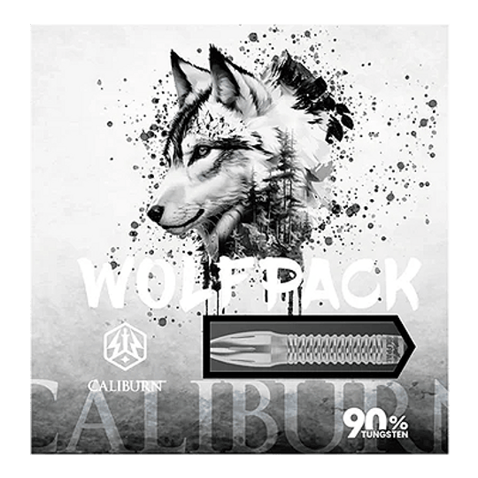 Freccette in acciaio Caliburn Wolfpack W4 - 20 g Das Bild zeigt die Verpackung der Caliburn Wolfpack W4 Steeldarts mit einem Wolf-Design. Auf der Verpackung steht, dass die Darts 20g wiegen und aus 90% Tungsten bestehen.