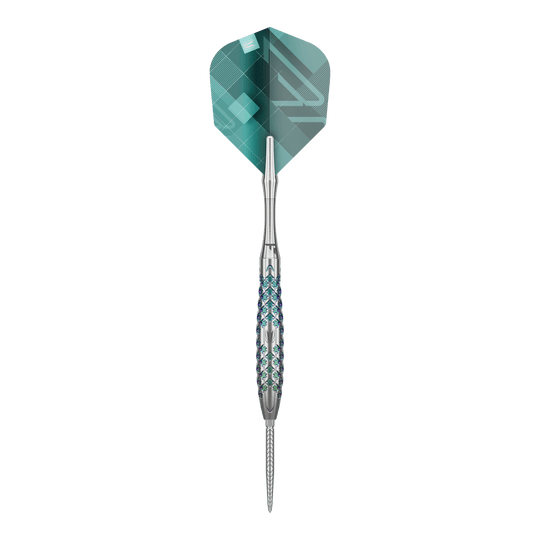 Freccette in acciaio Target Rove 02 Swiss Point Das Bild zeigt einen Target Rove 02 Swiss Point Steeldart. Der Dartpfeil hat ein silbernes, strukturiertes Barrel und eine grün-blaue Flight.