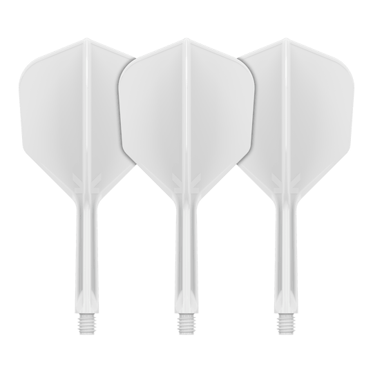 Target K-Flex No6 Flight System - Bianco Das Bild zeigt vermutlich ein weißes Flight-System, wahrscheinlich Target K-Flex No6 mit 26 mm Länge. Es handelt sich um ein Dart-Zubehör.