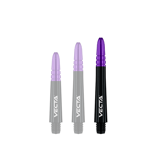 Winmau Vecta Shafts - Schwarz Lila Auf dem Bild sind drei Dartschäfte in unterschiedlichen Längen zu sehen. Sie sind schwarz mit violetten Spitzen und tragen die Aufschrift "VECTA".
