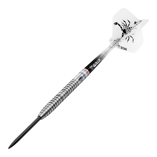 Bulls Challenger Kendji Steinbach Steeldarts - 23 g Abgebildet sind die Bulls Challenger Kendji Steinbach Steeldarts mit einem Gewicht von 23g. Die Darts haben ein markantes Design und sind speziell für Steeldart-Spieler entwickelt.