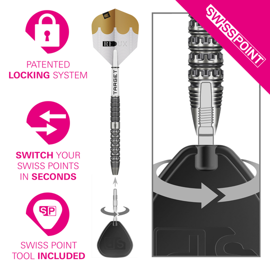 Diese Abbildung zeigt die Target Redux 01 Swiss Point Steeldarts. Es handelt sich um hochwertige Steeldarts für Dartspieler.