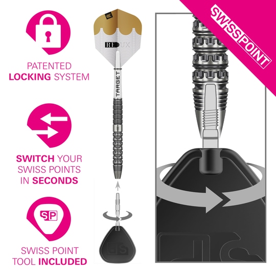 Freccette in acciaio Target Redux 01 Swiss Point Diese Abbildung zeigt die Target Redux 01 Swiss Point Steeldarts. Es handelt sich um hochwertige Steeldarts für Dartspieler.