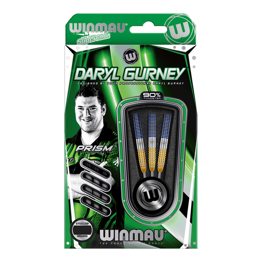 Freccette in acciaio Winmau Daryl Gurney SC 1.0 Series - 23 g Das Bild zeigt die Winmau Daryl Gurney SC 1.0 Series Steeldarts mit einem Gewicht von 23 Gramm in der Verpackung. Auf der Verpackung ist ein Porträt von Daryl Gurney sowie die drei enthaltenen Darts zu sehen.