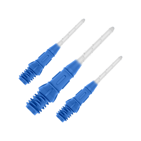 L-Style Premium Two Tone Lippoints (confezione da 30) Das Bild zeigt drei blaue und weiße Dartspitzen, die nebeneinander liegen. Die Spitzen haben ein zweifarbiges Design mit dunklem Blau am unteren Teil und Weiß am oberen Teil.