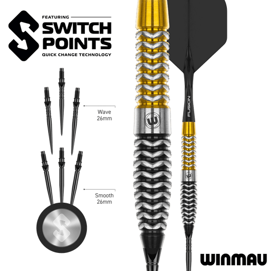 Das Bild zeigt vermutlich einen Winmau Exion Torpedo Switch Points Steeldarts aus einer anderen Perspektive. Es handelt sich um ein Produkt speziell für den Dartsport.