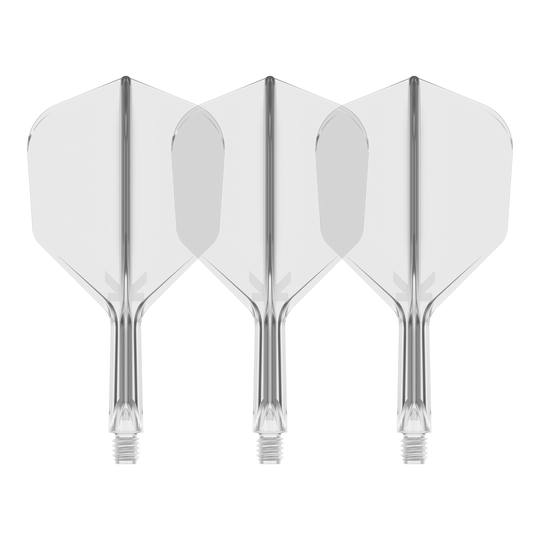 Sistema di volo Target K-Flex No6 - Trasparente Auf dem Bild sind drei durchsichtige Dartflights mit integriertem Schaft zu sehen. Sie stehen nebeneinander vor schwarzem Hintergrund.
