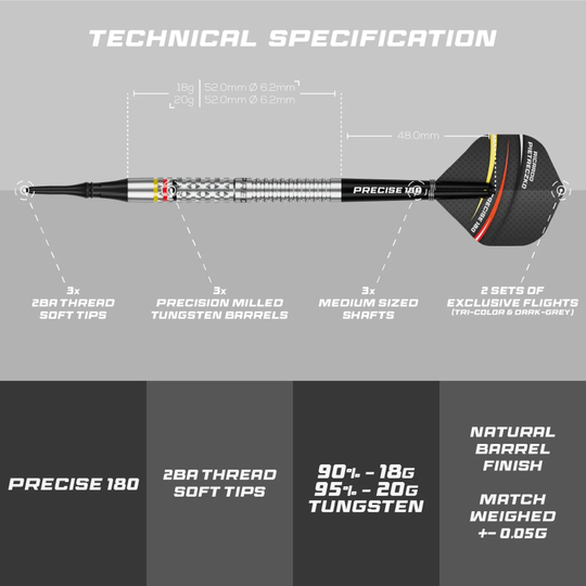 Freccette morbide di precisione 180 Ricardo Pietreczko GEN1 Precise 180 Ricardo Pietreczko GEN1 Softdarts sind Softdarts mit besonderem Design. Sie eignen sich perfekt für elektronische Dartboards.