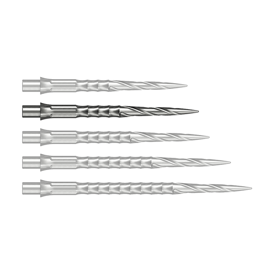 Punte per freccette in acciaio Caliburn System - Spiro - NoLip - argento Vermutlich wird eine silberne Steeldartspitze mit 30 mm Länge abgebildet. Sie stammt aus dem Caliburn Evo System und ist vom Typ Spiro NoLip.