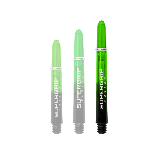 HR341_Harrows_Supergrip_Fusion_Shafts_Gr-n_47mm_1yG9X20uhhT9dp Das Bild zeigt drei grüne Harrows Supergrip Fusion Shafts in verschiedenen Längen. Die Schäfte haben ein transparentes Design mit der Aufschrift "SUPERGRIP FUSION" in Weiß.