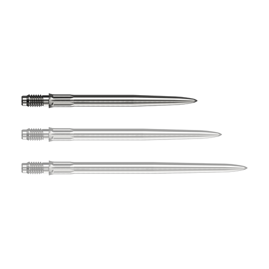 Punte per freccette Mission R2.5 Rapid Point SM1 - Argento Eine silberne Dartspitze liegt vor weißem Hintergrund. Die Spitze ist eine Mission R25 Rapid Point SM1 mit einer Länge von 30mm.