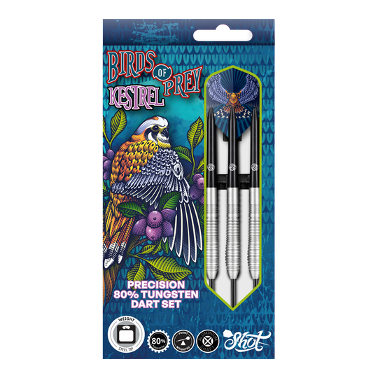 Freccette in acciaio Kestrel Shot Birds Of Prey Das Bild zeigt die Verpackung der "Shot Birds Of Prey Kestrel Steeldarts". Auf der Verpackung ist ein bunter Vogel abgebildet, und die Darts bestehen aus 80% Tungsten.