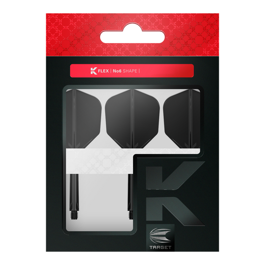 Sistema di volo Target K-Flex No6 - Nero Das Bild zeigt eine Verpackung mit drei schwarzen Dartflights und Schäften. Die Marke „TARGET“ und die Produktbezeichnung „K FLEX No6 SHAPE“ sind auf der Packung zu sehen.