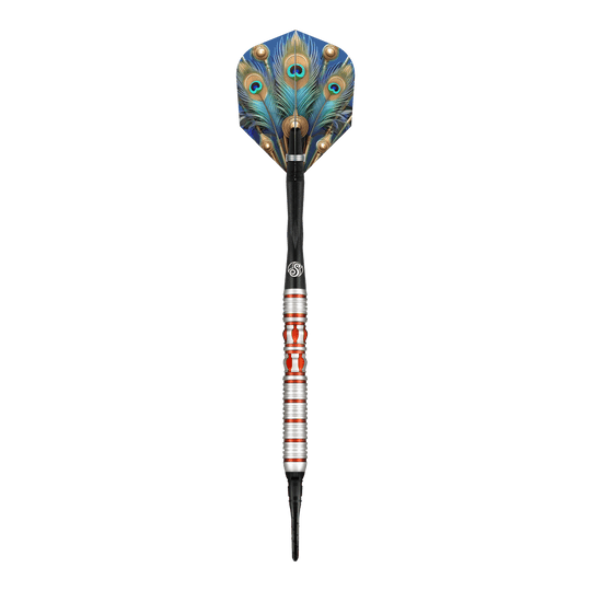 Shoto Impero Romano Juno freccette morbide Dies ist ein Softdart aus der Serie "Shot Roman Empire Juno". Er hat ein auffälliges Design mit bunten Farben und einem Flight im Pfauenfeder-Look.